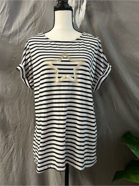 Women's Blue & White Striped Short Sleeve Tee with Gold Star